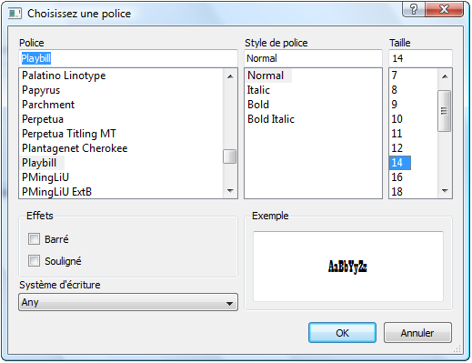 Fenêtre de sélection de police