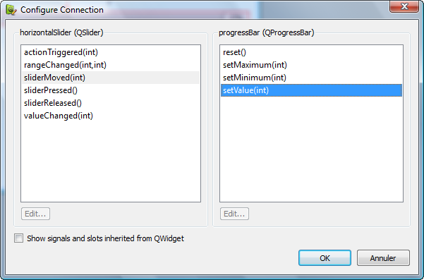 Choix des signaux et slots