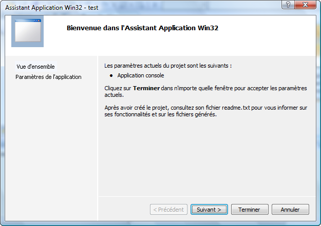 Assistant création de projet Visual C++ Express