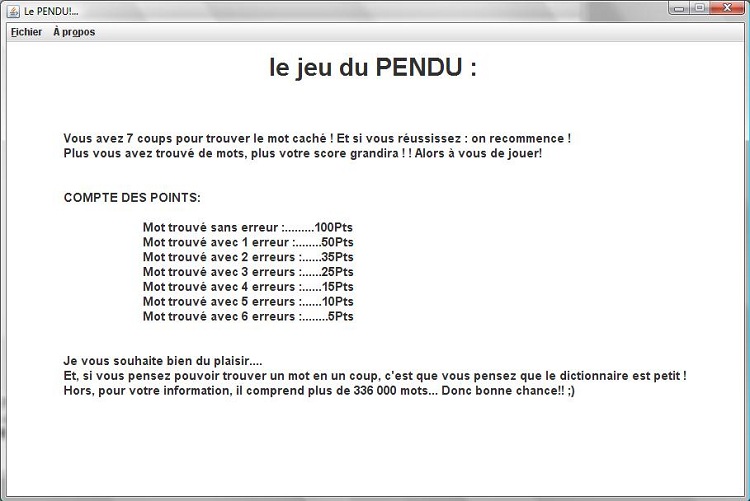 Écran principal et règles du jeu