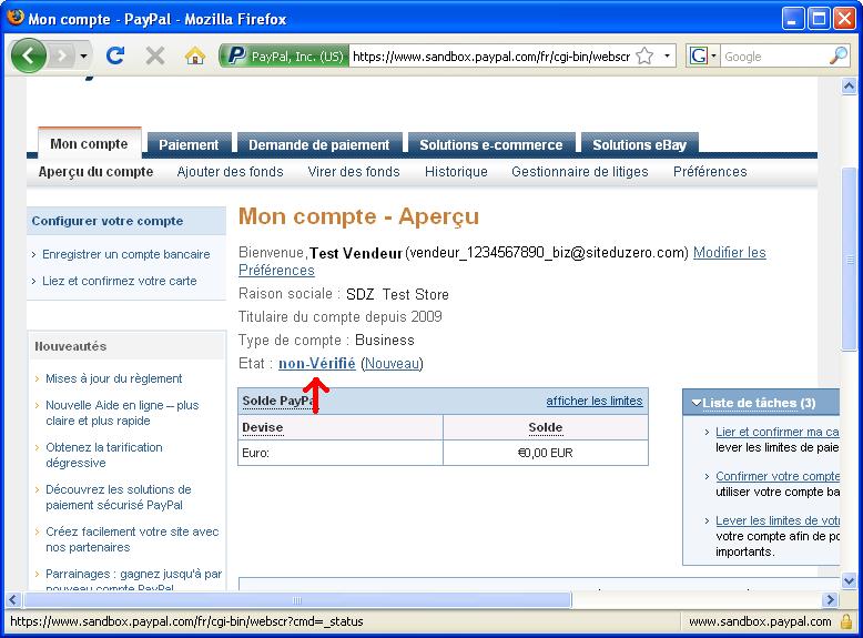 Sandbox PayPal - Vérifier