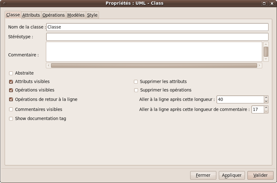 Fenêtre permettant de modifier la classe