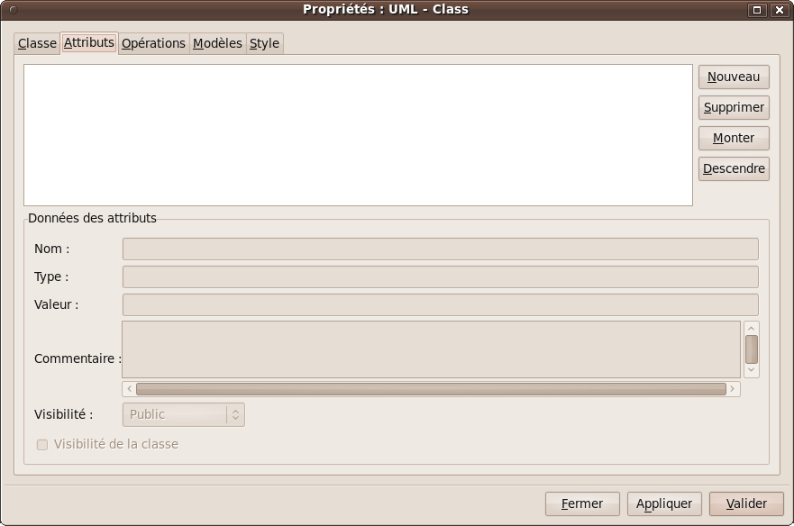 Fenêtre permettant de gérer les attributs