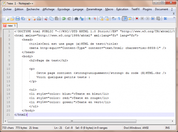 Notepad++ : création d'un nouveau fichier