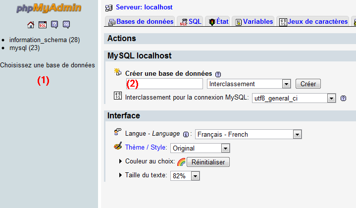 Accueil de phpMyAdmin