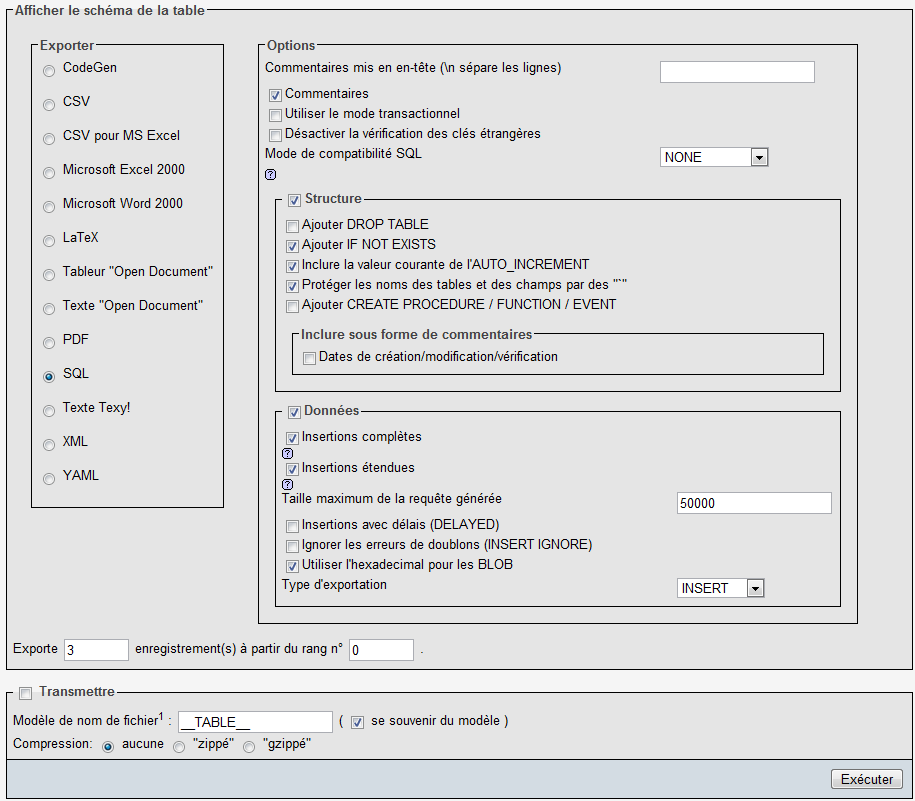 Exportation d'une table