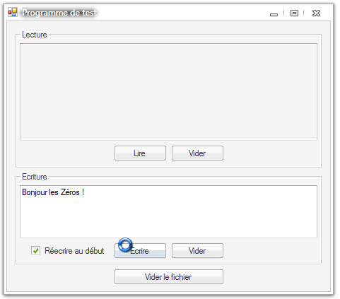 Une demande d'écriture dans notre fichier. Résultat dans le fichier : « Bonjour les Zéros ! »