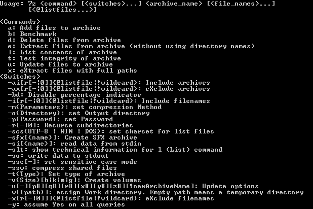 Les commandes possibles avec l'exécutable 7z.exe