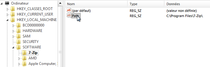 La valeur « Path » est présente dans la clé 7-Zip, ce qu'elle contient est le chemin de l'emplacement de ce programme dans mon ordinateur