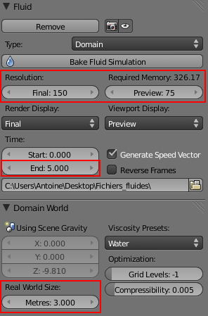 Mes réglages pour la simulation des fluides
