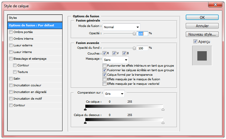 Interface des options de fusion