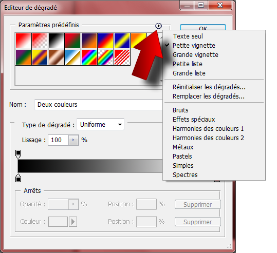 Incrustation dégradé - Liste des paramètres prédéfinis