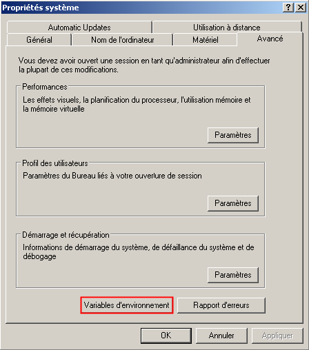 Variables d'environnement