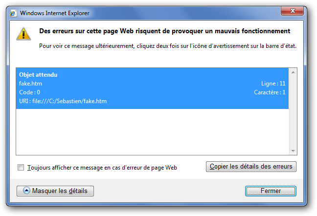 La console d'erreurs d'Internet Explorer