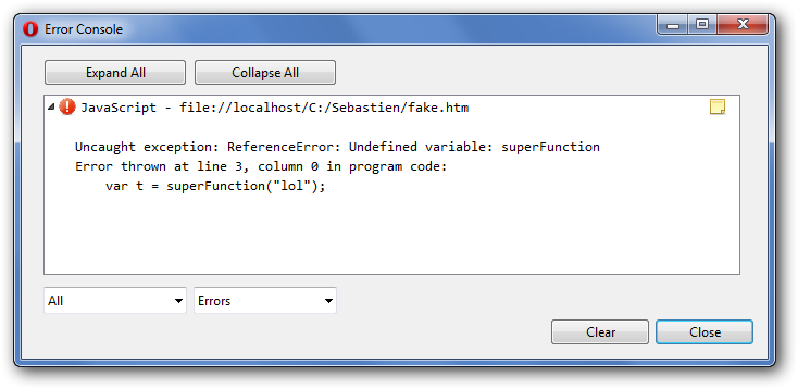 La console d'erreurs d'Opera