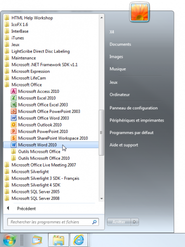 Lancement conventionnel de Word