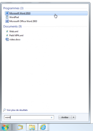 Lancement de Word via la zone de recherche