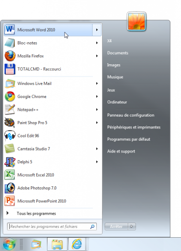 Lancement de Word via le menu Démarrer