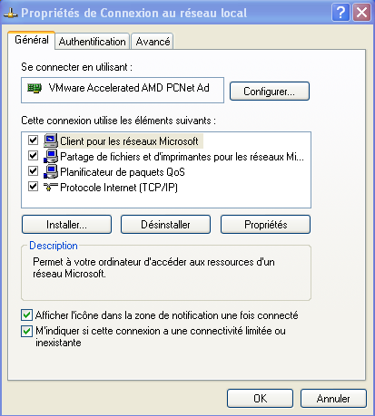 Propriétés de la carte réseau