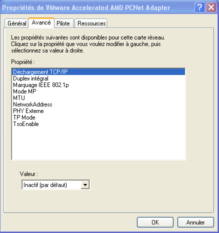 Propriétés avancées de la carte réseau