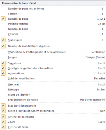 Le menu contextuel de la Barre d'état