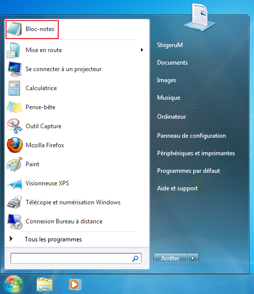 Le Bloc-notes épinglé au menu Démarrer