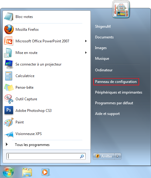 Démarrer -> Panneau de configuration