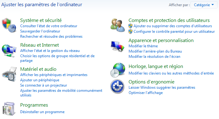 Le panneau de configuration