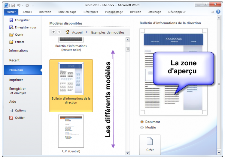 La zone d'aperçu donne un avant-goût du modèle