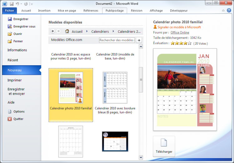 Création d'un calendrier à partir d'un modèle Office.com