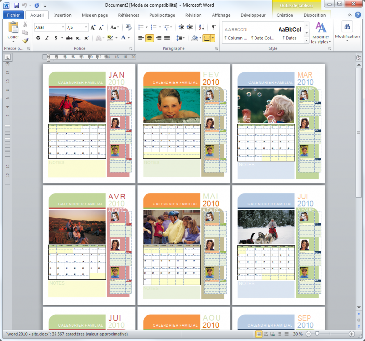 Le modèle du calendrier a été inséré dans le document