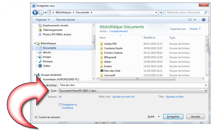 Le document va être sauvegardé au format Word 97-2003