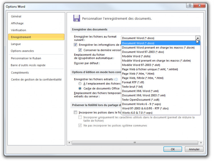 Cette boîte de dialogue permet de choisir le format d'enregistrement par défaut