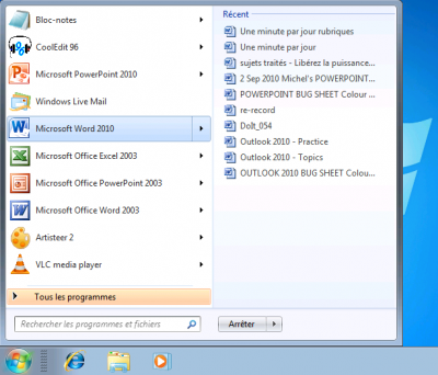 Accès aux derniers documents depuis le menu Démarrer