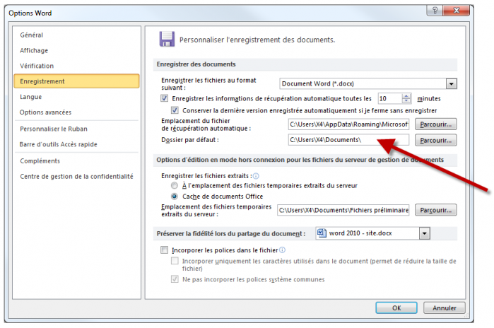Choix du dossier d'ouverture par défaut