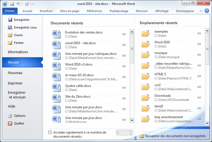 La liste des documents récents par ordre chronologique inverse