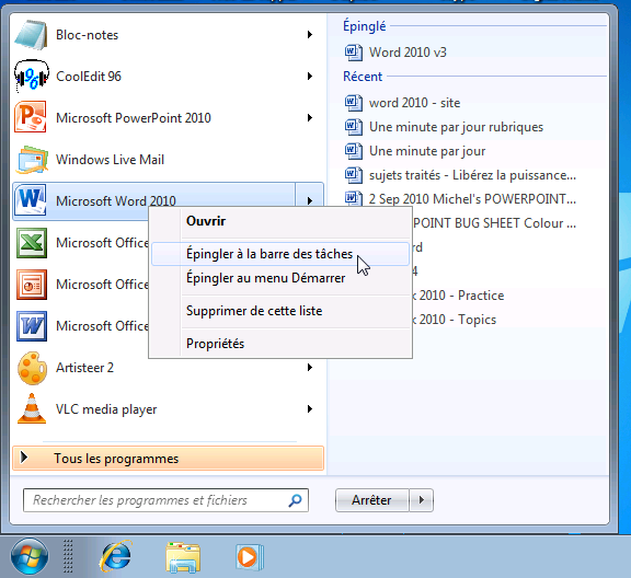 Word est sur le point d'être épinglé à la Barre des tâches