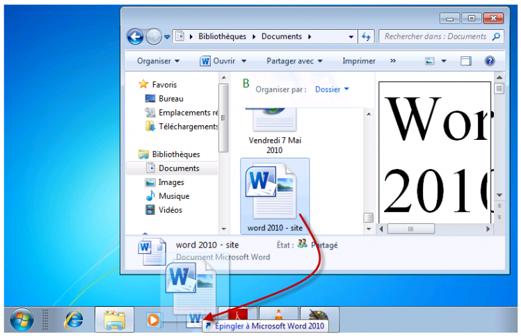 Un document est sur le point d'être épinglé à la Barre des tâches