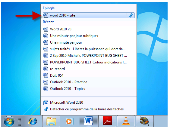 Le document est accessible dans le menu contextuel de l'icône épinglée