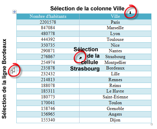 Formes du pointeur dans les zones de sélection