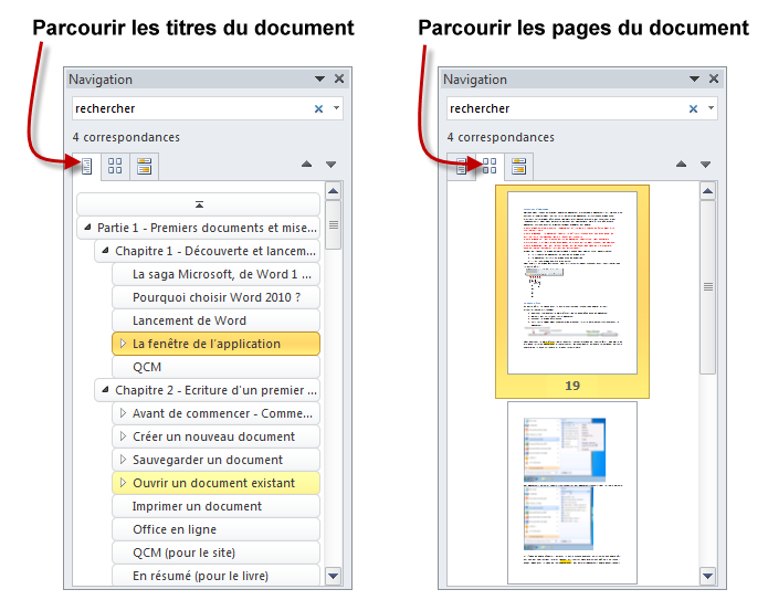 Les onglets du volet de navigation