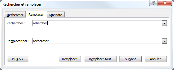 Toutes les informations requises sont saisies dans la boîte de dialogue Rechercher et remplacer
