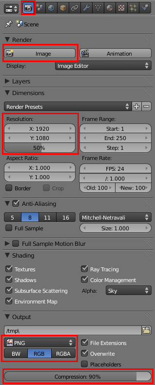 Les onglets du menu Render