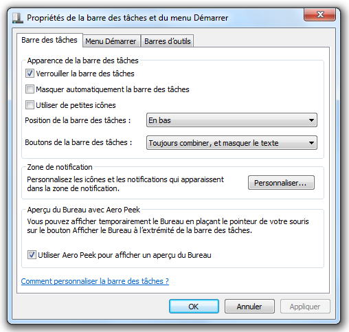 Propriétés de la barre des tâches