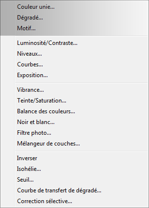 Liste des réglages de remplissage