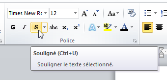 Le raccourci Ctrl+U est associé à l'icône Souligné