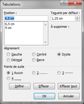 La boîte de dialogue Tabulations