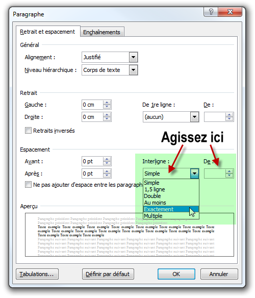 Définition personnalisée de l'interligne