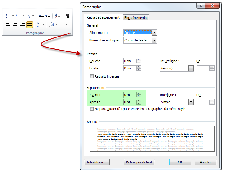 Définition de l'espace avant et après un paragraphe