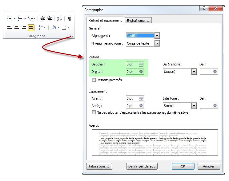 Définition précise des retraits à gauche et à droite